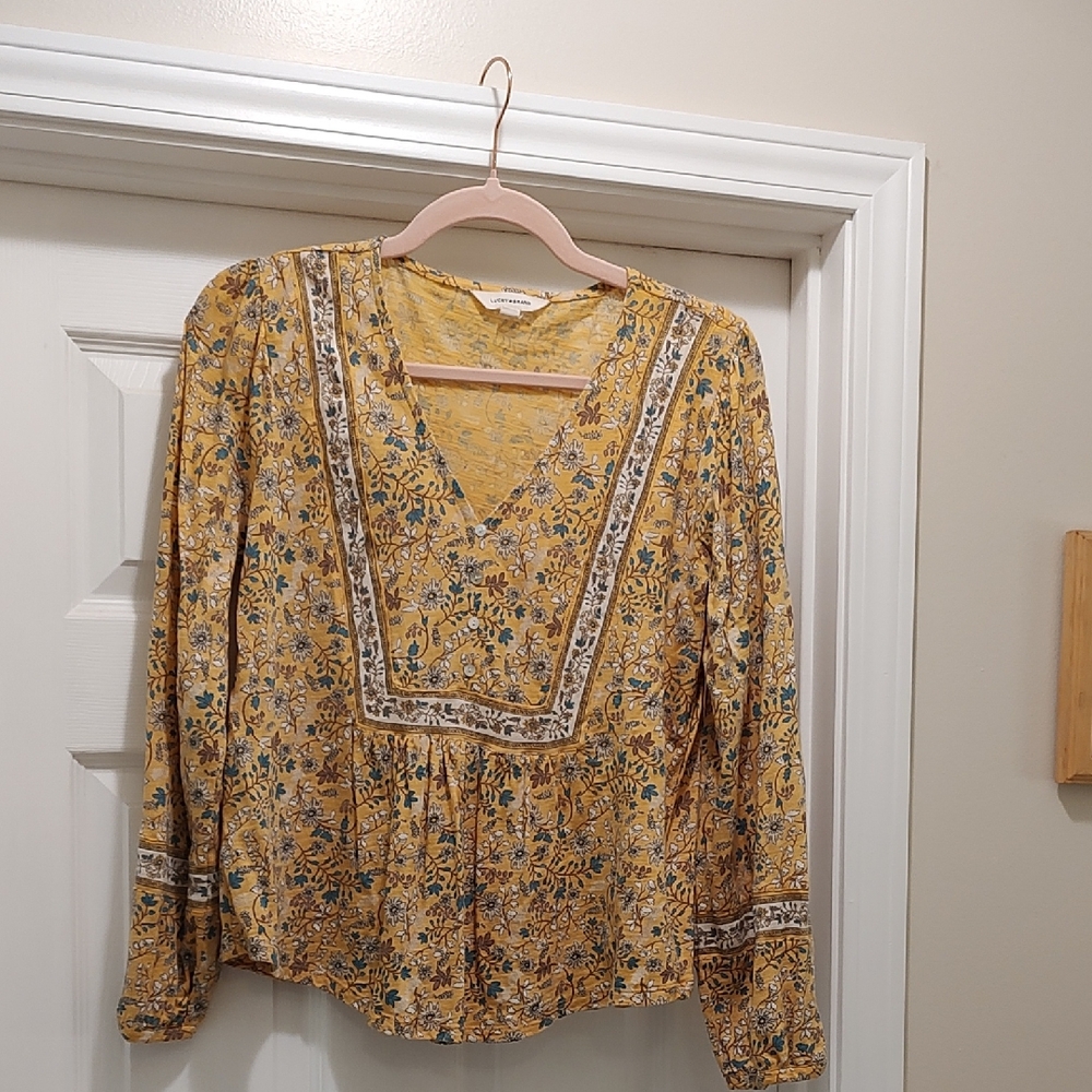 Lucky Brand Mustard Floral V-Neck Peplum Blouse